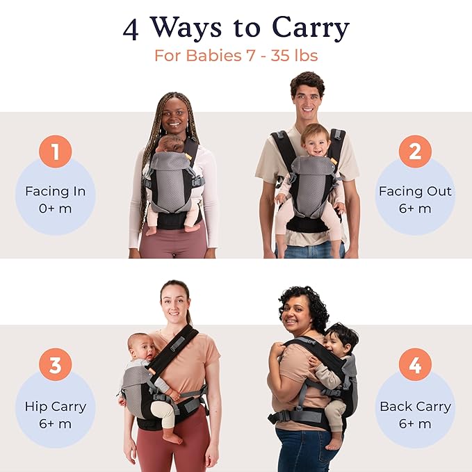 Beco Gemini Baby Carrier from Newborn to Toddler - Certified Ergonomic Newborn Baby Carrier for Infants and Children of 7-35 lbs - M Shape, Adjustable Seat, Breathable 3D Mesh (Cool Black)