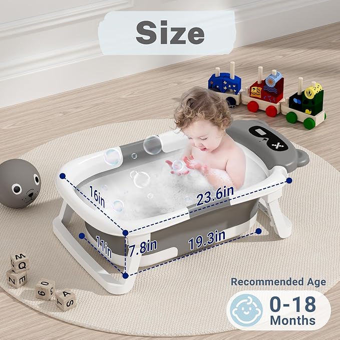 AVIDOR Baby Bathtub,Collapsible Bathtub for Newborn to Toddler,Durable Essential Infant Bath Tub,Portable Travel Baby Tub with Soft Cushion,No-Slip Hanging and Detachable(Grey)