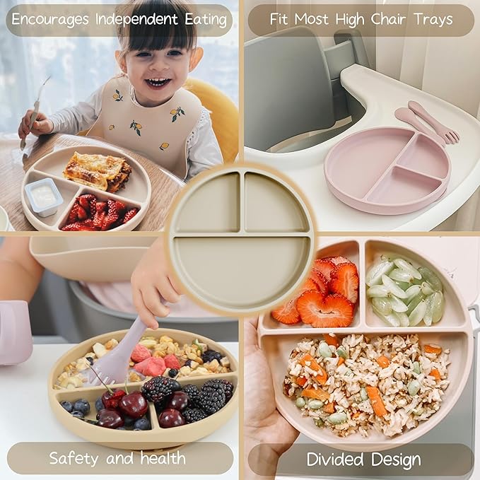 Moonkie Suction Plates for Baby | 100% Silicone BPA-Free Baby Plates with Lids and Food Cover | Divided Design | Microwave and Dishwasher Safe | Toddler Plates 2 Pack