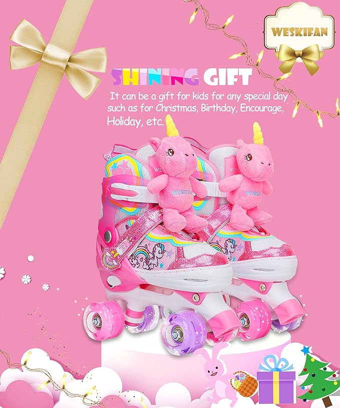 Unicorn Doll Kids Toddler Roller Skates for Girls,WESKIFAN Quad Skating Shoes with Shiny Light up Wheels&Adjustable Sizes Beginners rollerskates for Birthday Xmas Gifts,Patines para NiƱas NiƱos