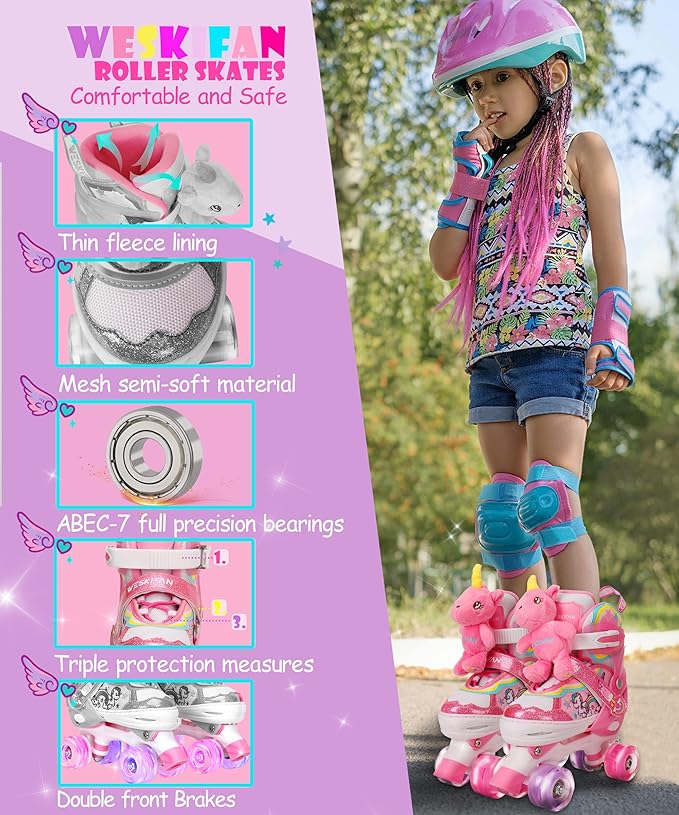 Unicorn Doll Kids Toddler Roller Skates for Girls,WESKIFAN Quad Skating Shoes with Shiny Light up Wheels&Adjustable Sizes Beginners rollerskates for Birthday Xmas Gifts,Patines para NiƱas NiƱos