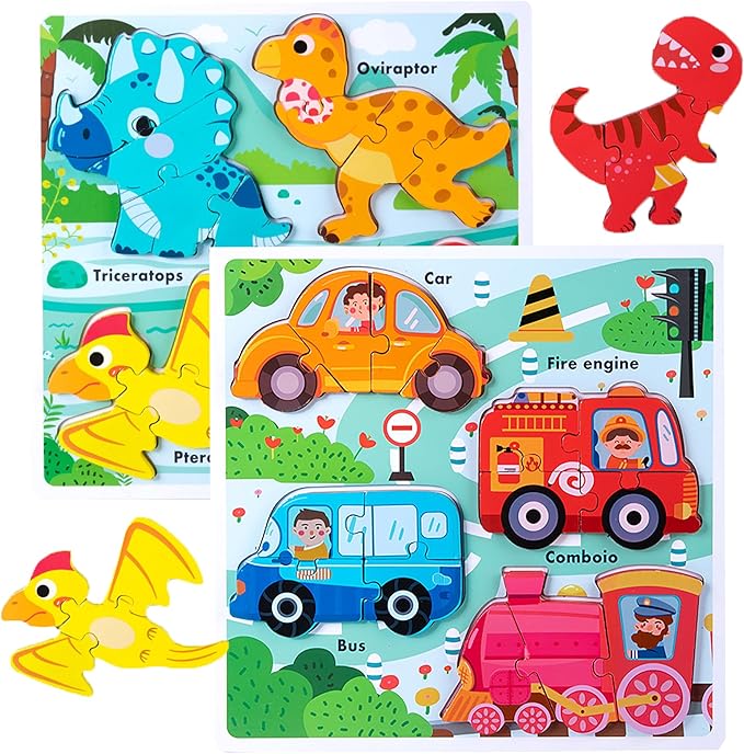 Wooden Puzzles for Toddlers 2-4 ,Vehicle & Dinosaur Toddler Puzzles Age 2-3,Toddler Toys for 2 3 Years Old Girls Boys,Montessori Learning Gifts for 2-3