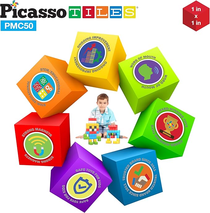 Picasso Cubes Kids Pixel 1” Magnetic Puzzle Cube Mix & Match w/Free Ideabook Sensory Toys STEAM Learning Building Block Magnets Construction Toy Set Stacking Magnet Creative Kit