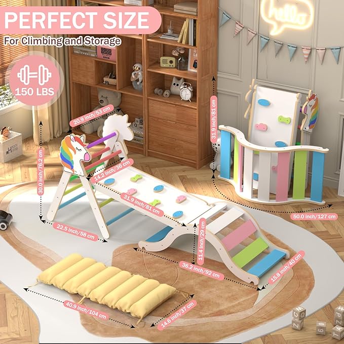 Pikler Triangle Set with Cushion, 9 in 1 Toddler Climbing Toys Indoor, Montessori Foldable Wooden Climbing Toys for Toddlers 1-3 Inside,Pikler Triangle Set Jungle Gyms Playground for Children