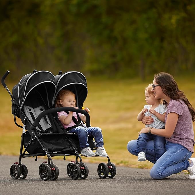 Dream On Me Volgo Twin Umbrella Stroller in Black, Lightweight Double Stroller for Infant & Toddler, Compact Easy Fold, Large Storage Basket, Large and Adjustable Canopy