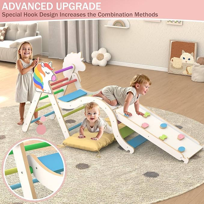 Pikler Triangle Set with Cushion, 9 in 1 Toddler Climbing Toys Indoor, Montessori Foldable Wooden Climbing Toys for Toddlers 1-3 Inside,Pikler Triangle Set Jungle Gyms Playground for Children