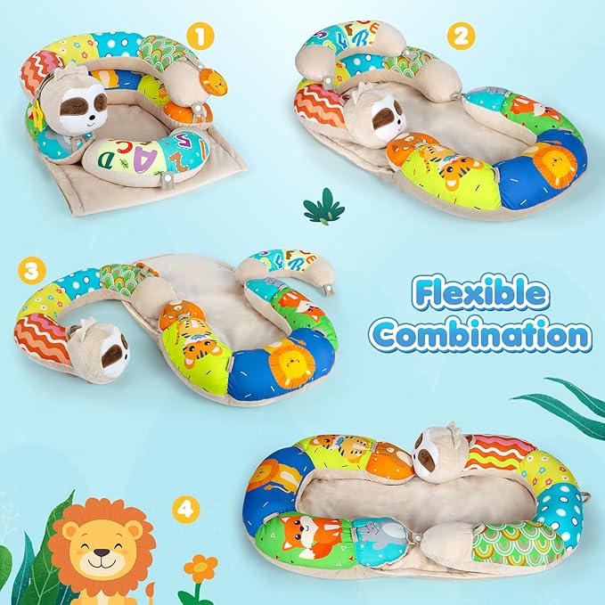 URMYWO Tummy Time Mat - 4 in 1 Cozy Tummy Time & Seated Support Pillow, Tummy Time Pillow for Newborn 0-12 Months, Infant Baby Sit Me Up Floor Seat Early Sensory Development Gifts Tummy Time Play Toys