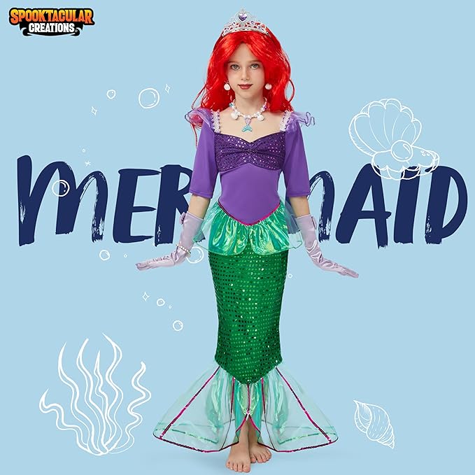 Spooktacular Creations Halloween Little Mermaid Costume for Girls, Sequin Mermaid Dress Set, Dark Purple Princess Dress for Toddler Dress-Up, Cosplay Party (Large, 10-12 yrs)
