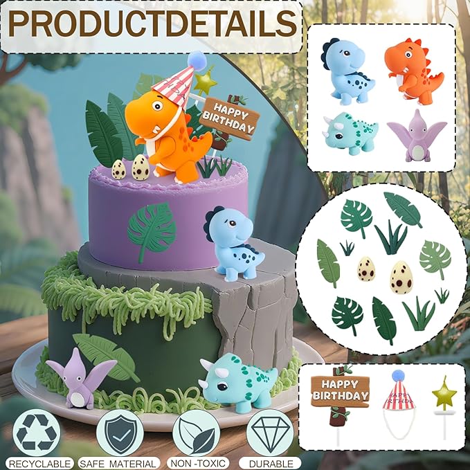 20pcs Dinosaur Cake Topper Set with Dinosaur Eggs - Reusable Dinosaur Cake Decorations,Dinosaur Birthday Decorations for Boys & Girls (Dinosaur Cupcake Toppers, Happy Birthday Cake Accessories)