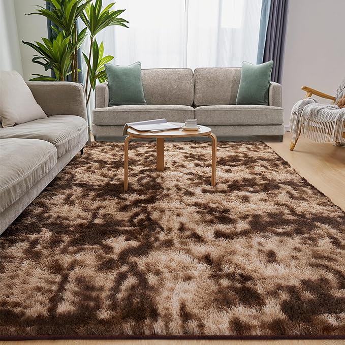 Fluffy Shag Area Rug, 3x5 Tie-Dyed Brown Rugs for Bedroom, Soft Plush Area Rugs for Living Room, Non-Slip Indoor Carpet for Nursery, Study Room, Dressing Room, Home Decor