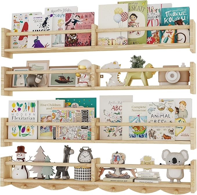 34Inch Nursery Bookshelves,Set of 4,Wall Floating Shelf Kids Coat Rack with 6Hooks,Hanging Book Shelf for Baby Nursery Room Décor, Patent Number: 29958098(Burlywood, 34)