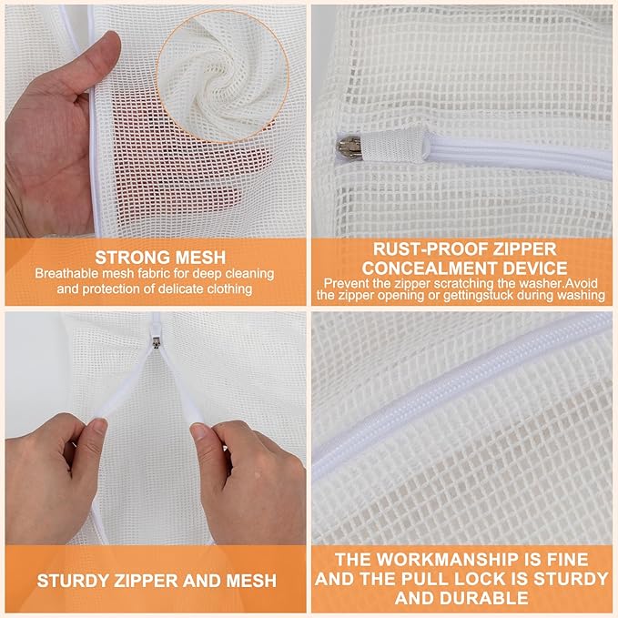 4-Piece White Medium Durable Organic Cotton Mesh Laundry Bags with Sturdy Zippers and Breathable Mesh are Delicate Laundry Bags for Underwear, Clothes, Pants and Socks