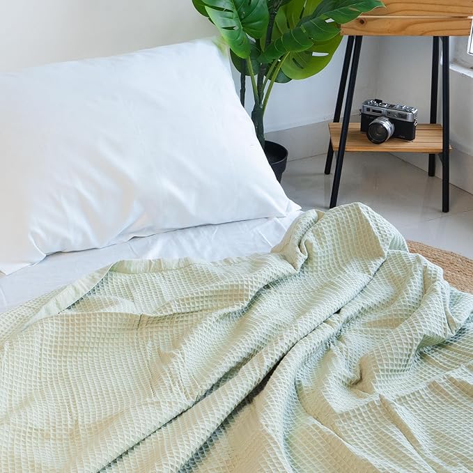 Salt Earth GOTS Certified 100% Organic Cotton Throw Blanket, 90" X 90" Waffle Blankets & Throws for Bed, Throw Blanket for Couch, Modern & Cozy Blanket, All Seasons, Comfy & Soft Blanket (Sea Foam)
