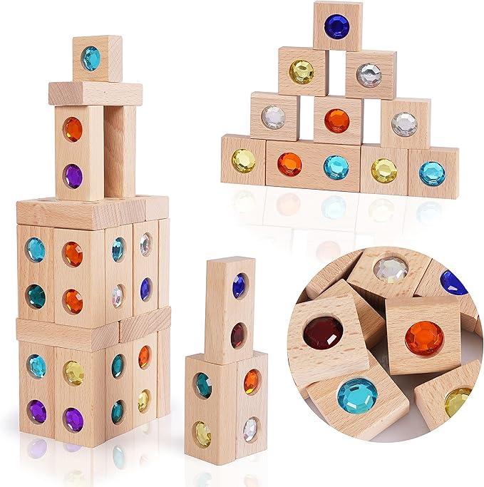 128pcs Wooden Building Blocks Set Rainbow Stacking Game Rainbow Stacker Acrylic Block Construction Toy Sensory Montessori Toys Colorful Preschool Learning Educational Learning Toys for Boys Girls