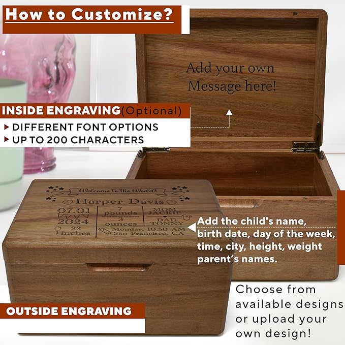 Baby Keepsake Box - Personalized Newborn Memory Box, Acacia Wood Decorative Boxes for Kids, Engraved Birth Stats Wooden Crate for Boys & Girls, Birth Statistics Wooden Chest with Hinged Lid, 8x6x4 in