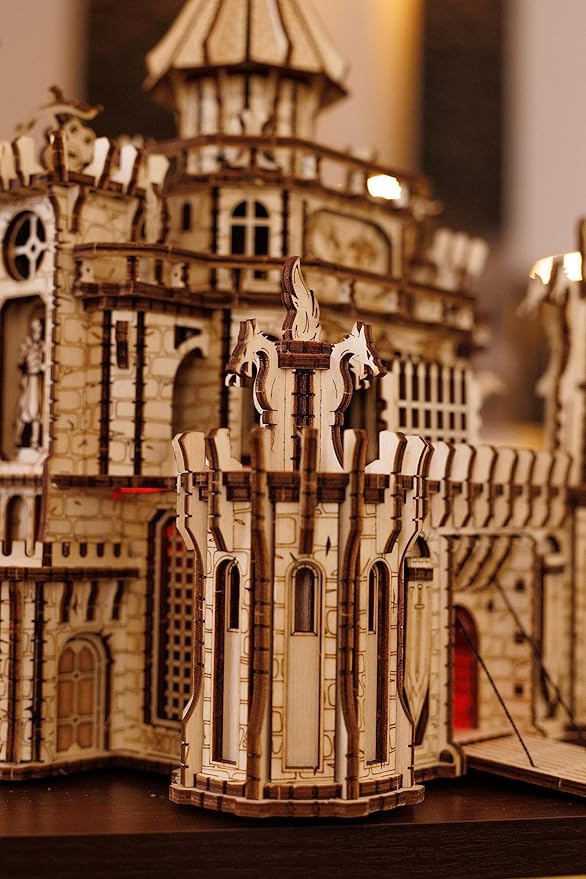 Wood Trick Dragon Castle Movable Wooden 3D Puzzles for Adults and Kids to Build - Red LED - Greensleeves Melody - Towers Rotating - Engineering DIY Project Mechanical Model Kits for Adults