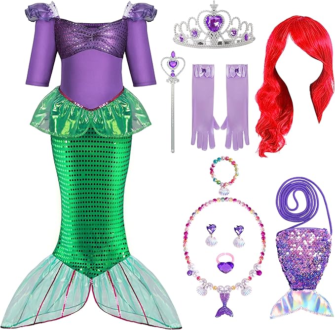 Spooktacular Creations Halloween Little Mermaid Costume for Girls, Sequin Mermaid Dress Set, Dark Purple Princess Dress for Toddler Dress-Up, Cosplay Party (Large, 10-12 yrs)