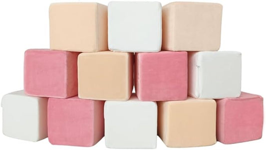 Wonder Space Plush Foam Blocks - Nursery Building & Stacking Toys for Toddlers Boys & Girls, Soft Smooth Velvet Cover, Early Education Gross Motor Skills & Brain Development (12 Cubes, Soft Blush)