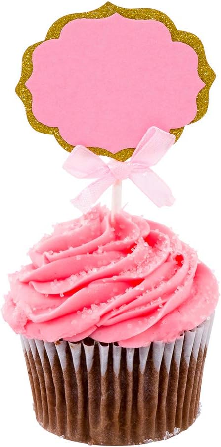 Restaurantware Top Cake 4.5 X 2.5 Inch Cake Toppers 10 DIY Cake Topper Inserts - Durable With Glitter Detail Pink And Gold Paper Cake Decoration Birthday Baby Shower Wedding Supplies