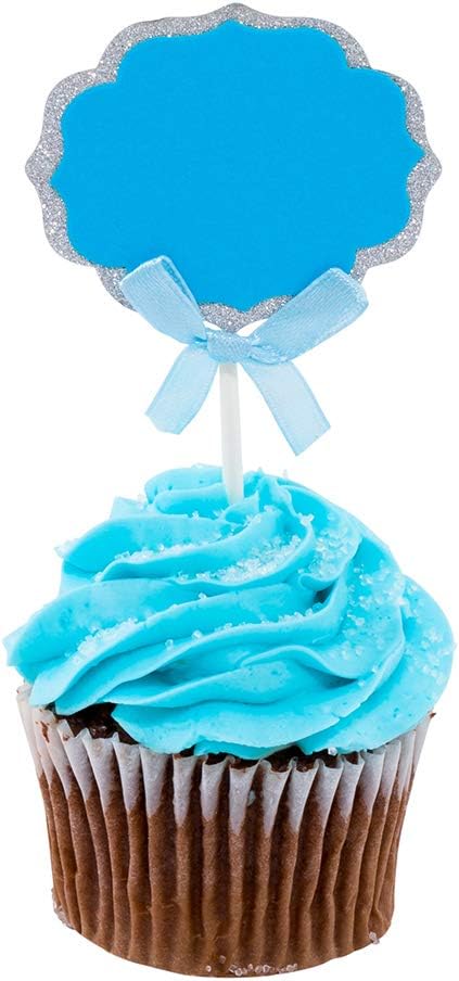 Restaurantware Top Cake 4.5 X 2.5 Inch Cake Toppers 10 DIY Cake Topper Inserts - Sturdy With Glitter Rim Blue And Silver Paper Cake Decoration Birthday Baby Shower Wedding Supplies