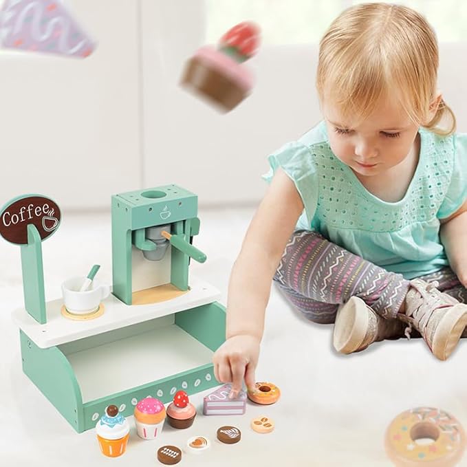 Wooden Coffee Shop Toys Play Set for Kids, Cake Dessert Coffee Maker Toy, Montessori Pretend Play Food Kitchen Accessories for Toddler Girls and Boys (Coffee Shop)