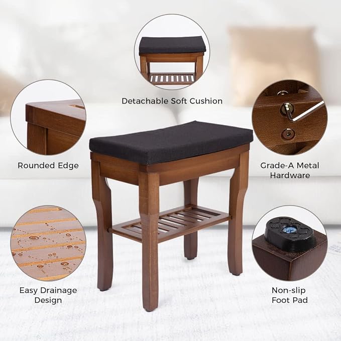 StrongTek Bamboo Shower Bench Seat with Cushion, Shower Stool with Storage Shelf, Lightweight, Non-Slip, Quick-Drain Design, 350 lbs Capacity, Ideal for Bathroom, Spa, Sauna, Living Room