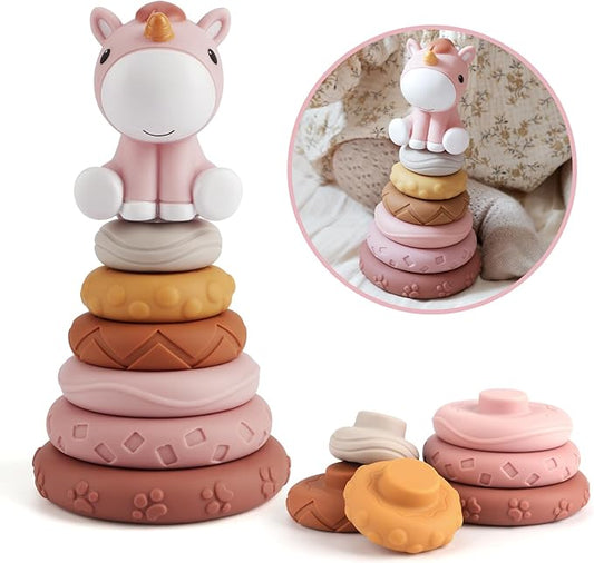 Nueplay 7 Pcs Stacking & Nesting Baby Toys, Squeeze Teething Baby Toys and Building Circle with Pink Horse Figure, Newborn Essentials for 6 12 18 Months Baby Toddler Girls