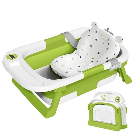 Collapsible Baby Bathtub,Baby Bath Tub with Thermometer & Soft Cushion,Baby Bathtub for Newborn to Toddler 0-36 Months,Portable Travel Baby Tub with No-Slip Feet,Baby Shower Gifts,Green