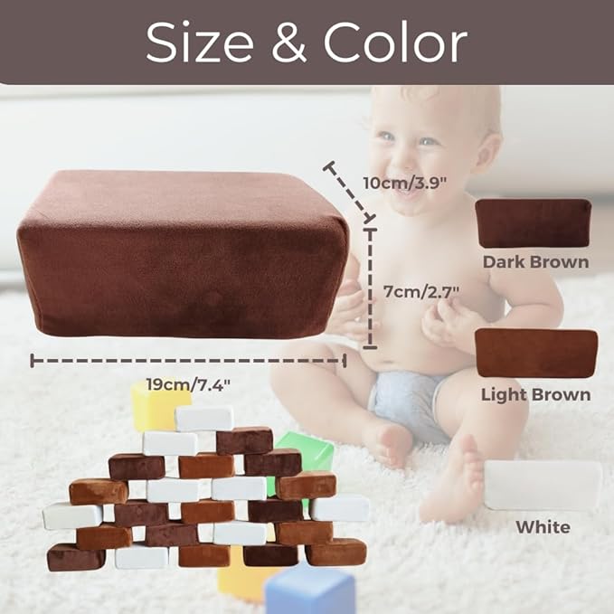Wonder Space Plush Foam Blocks - Nursery Building & Stacking Toys for Toddlers Boys & Girls, Soft Smooth Velvet Cover, Early Education Gross Motor Skills & Brain Development (24 Bricks, Nougat)