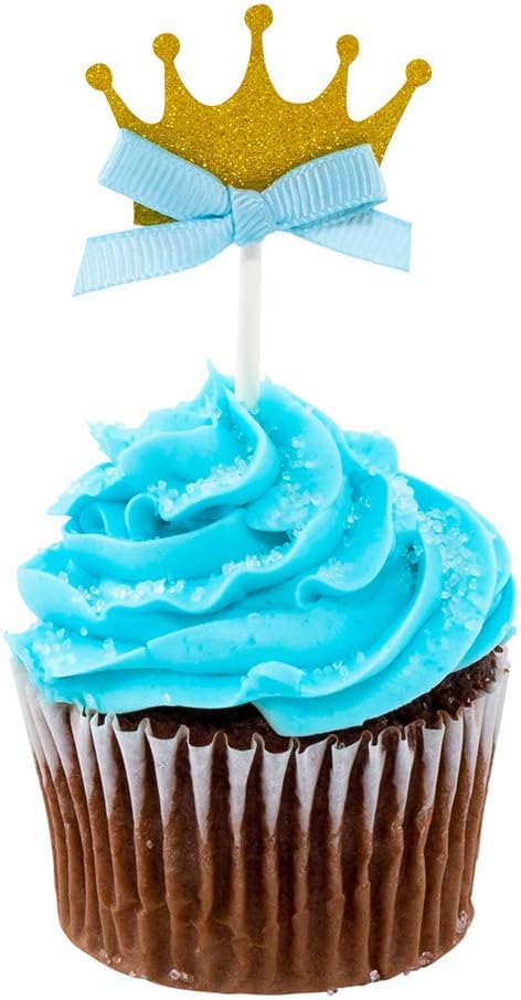 Restaurantware Top Cake Inch Crown Cupcake Toppers 100 Glitter Crown Cupcake Picks - Blue Bow For Birthday Parties Or Baby Showers Gold Paper Crown Cake Decorations Royal Prince Theme Decorations