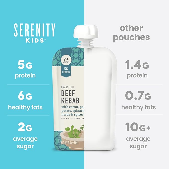 Serenity Kids 7+ Months World Explorers Baby Food Pouches Puree Made with Ethically Sourced Meats & Organic Veggies - 3.5 Ounce BPA-Free Pouch - Beef Kebab - 12 Count Meat Baby Food