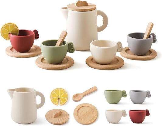 Wooden Tea Set for Little Girls, Enchanting Tea Party Set Silicone Tea Set Teapot Cups Carrying Scoop Kids Kitchen Accessories Toys Toddler Tea Set Girls Gift