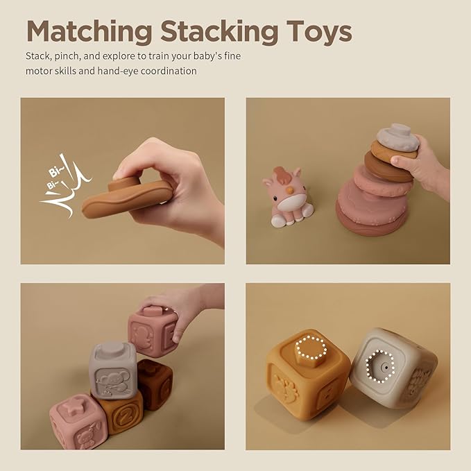 Nueplay 13 Pcs Building Circle & Blocks, Stacking & Nesting Baby Toys with Horse Figure, Newborn Essentials Squeeze Teething Toy Gifts for 6 12 18 Months Baby Toddler Girls