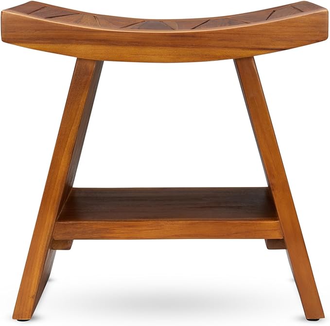 TeakCraft Teak Shower Stool with Shelf – Water Resistant, Non-Slip Premium Indonesian Teak Wood Bath Seat Bench for Shower – Fully Assembled Wood Spa Bath Organizer Seat with Leveling Feet, The Randi