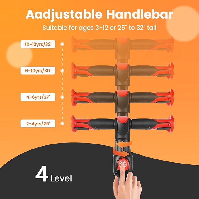 TONBUX Kids Scooter for Age 3-12, Toddler Scooter with 4 Adjustable Heights, Light Up 3-Wheels Scooter, Shock Absorption Design, Lean to Steer, Balance Training Scooter for Kids