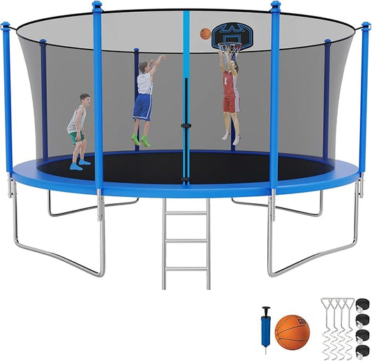 SKYUP Tranpoline 1500LBS 16 15 14 12 10 8 FT Tranpoline for 7-10 Kids and Adults, Windproof Outdoor Tranpoline with Enclosure Net, Basketball Hoop, Easy to Install & Last Long - ASTM Approved