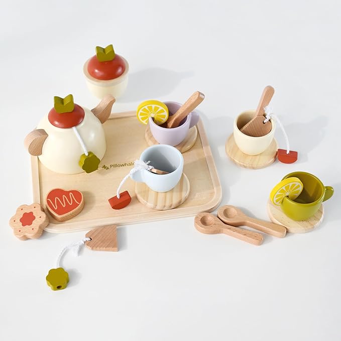 Wooden Toys Tea Party Set,Tea Set for Little Girls,Toddler Tea Set,Kids Play Kitchen Accessories,Play Food for Toddlers Boys Girls Ages 3+