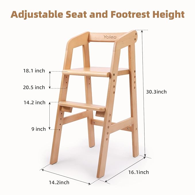 Wooden High Chair for Toddlers, Adjustable Feeding Chair with Removable Cushion for Child, High Chair Grows with Kid for Dining, Studying, Step Tool(Natural Color)