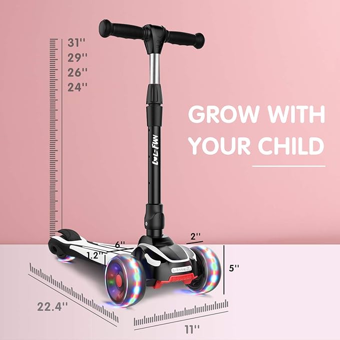 LOL-FUN Toddler Scooter for Kids Ages 3-12 Years Old Boy Girl with 3 Wheel LED Lights, Extra-Wide Childrens Foldable Kick Scooter Kids Ages 3-5 with 4 Adjustable Height and Lean-to-Steer