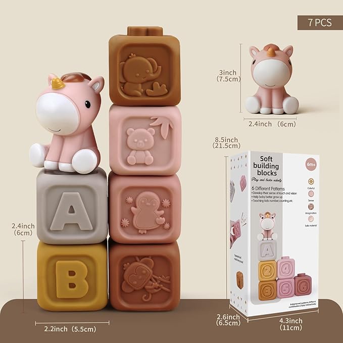 Nueplay 7 Pcs Soft Building Blocks, Sensory Stacking Squeeze Toys with Horse Figure, Newborn Essentials for 6 12 18 Months Baby Toddler Girls