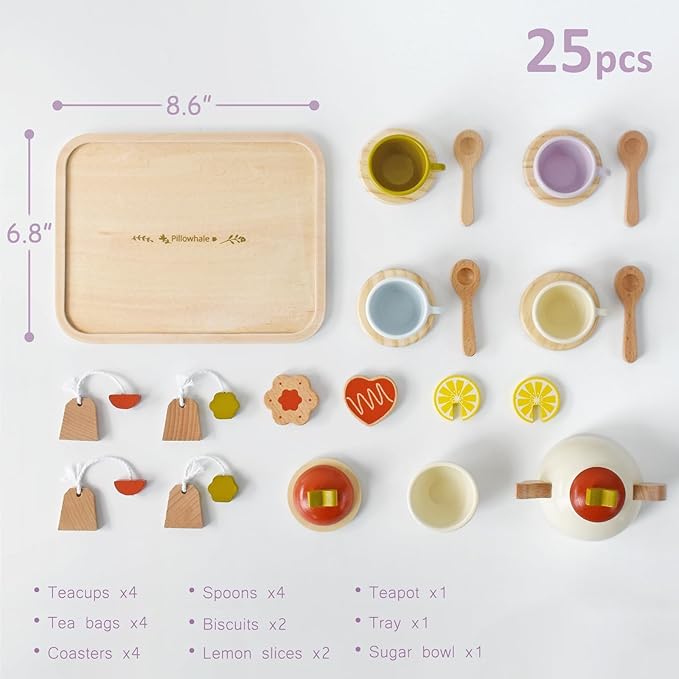 Wooden Toys Tea Party Set,Tea Set for Little Girls,Toddler Tea Set,Kids Play Kitchen Accessories,Play Food for Toddlers Boys Girls Ages 3+