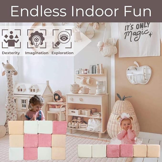 Wonder Space Plush Foam Blocks - Nursery Building & Stacking Toys for Toddlers Boys & Girls, Soft Smooth Velvet Cover, Early Education Gross Motor Skills & Brain Development (12 Cubes, Soft Blush)