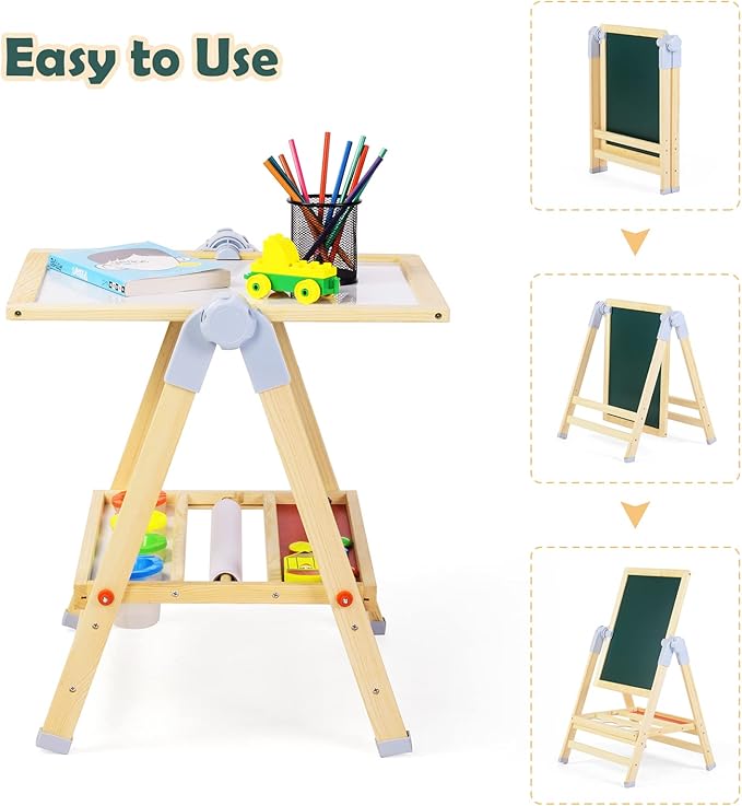 XCSOURCE Art Easel for Kids, 360°Rotating Adjustable Toddler Easel, Double Sided Wooden Kids Easel Drawing Board with Magnetic Chalkboard, Dry Erase White Board & Paper Roll Paint Art Set for Kids 2+