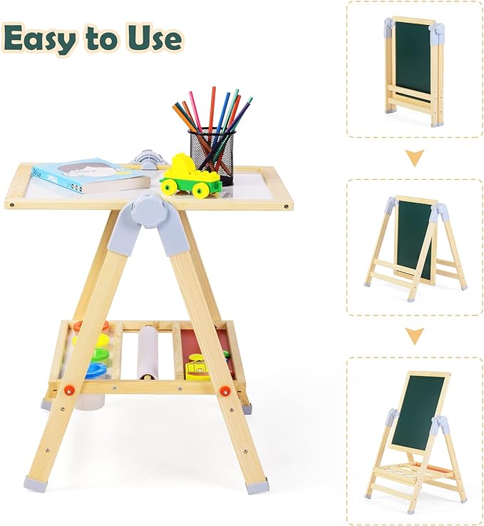 XCSOURCE Art Easel for Kids, 360°Rotating Adjustable Toddler Easel, Double Sided Wooden Kids Easel Drawing Board with Magnetic Chalkboard, Dry Erase White Board & Paper Roll Paint Art Set for Kids 2+