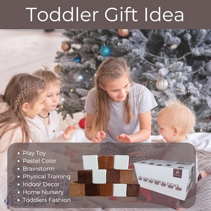 Wonder Space Plush Foam Blocks - Nursery Building & Stacking Toys for Toddlers Boys & Girls, Soft Smooth Velvet Cover, Early Education Gross Motor Skills & Brain Development (12 Blocks, Nougat)