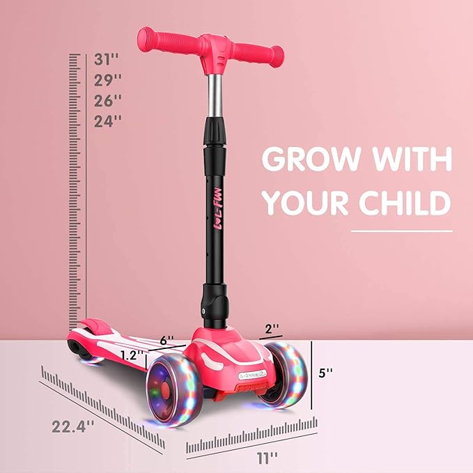 LOL-FUN Toddler Scooter for Kids Ages 3-12 Years Old Boy Girl with 3 Wheel LED Lights, Extra-Wide Childrens Foldable Kick Scooter Kids Ages 3-5 with 4 Adjustable Height and Lean-to-Steer