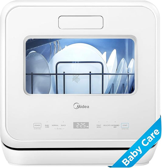 Midea MDC17P4CWW Portable Countertop Mini 5L Built-in Water Tank, Baby Care, No Hookup Needed, 360° Dual Spray,High-Temp wash, Dishwasher for Apartments& RVs, White, Whole