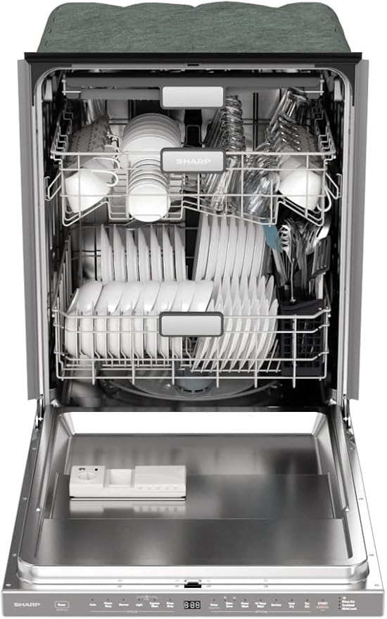SHARP SDW6767HS Smart Dishwasher Works with Alexa. Includes LED Interior lights, Stainless Steel interior, Heated Dry with Fan Assist, Wash Zone cleans half load on either rack, Adjustable Third Rack