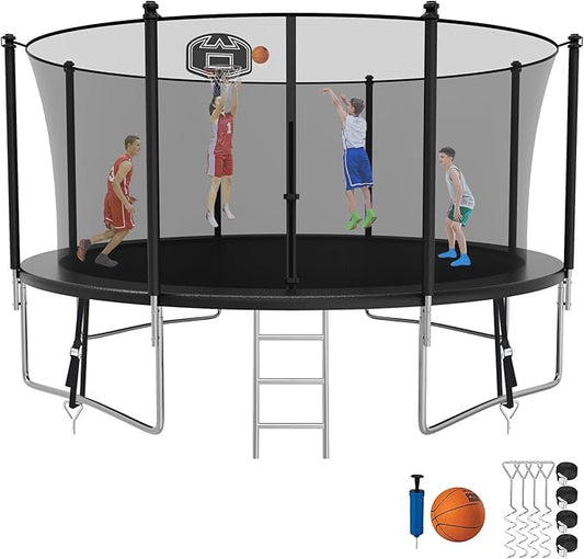 SKYUP Tranpoline 1500LBS 16 15 14 12 10 8 FT Tranpoline for 7-10 Kids and Adults, Windproof Outdoor Tranpoline with Enclosure Net, Basketball Hoop, Easy to Install & Last Long - ASTM Approved