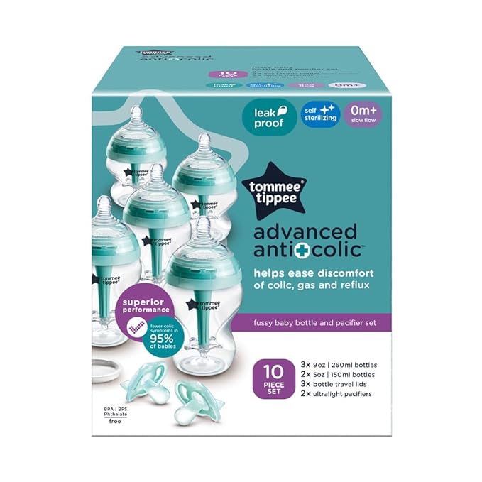 Tommee Tippee Advanced Anti-Colic 10 Piece Bottle and Pacifier Set, 5 and 9 oz BPA Free Bottles, Newborn 0+ months, Slow & Medium-Flow Breast-Like Nipples, 3 Travel Bottle Lids, 2 Ultralight Pacifiers